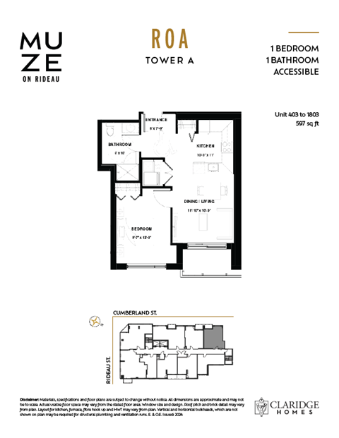Floor plan for 1 bed, 1 bath, 597 sqft